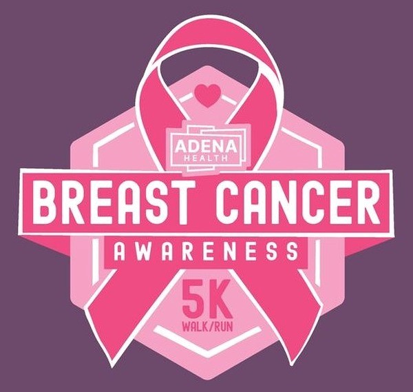 Graphic promoting Adena Health’s Breast Cancer Awareness 5K Walk/Run, featuring a large pink ribbon, heart symbol, and bold white and pink text on a purple background.
