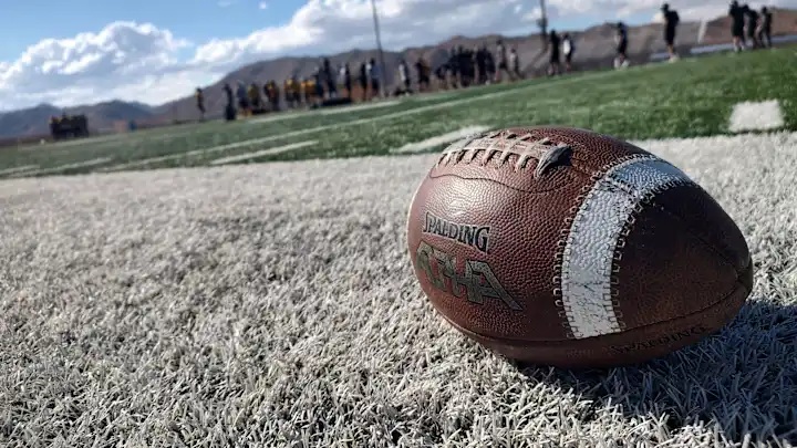 A photo of a football sitting on a football field.